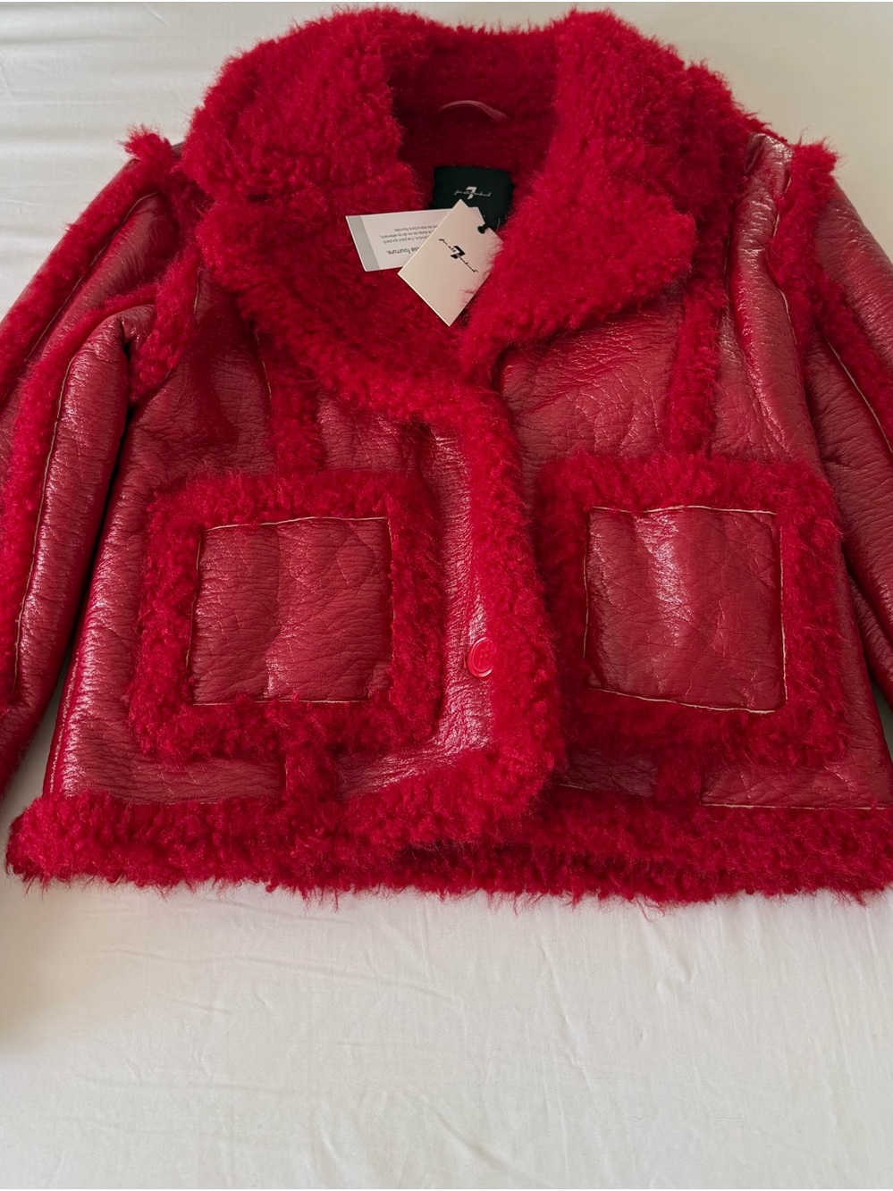 7 For All Mankind Red Teddy-Trim Faux Leather Cropped Jacket